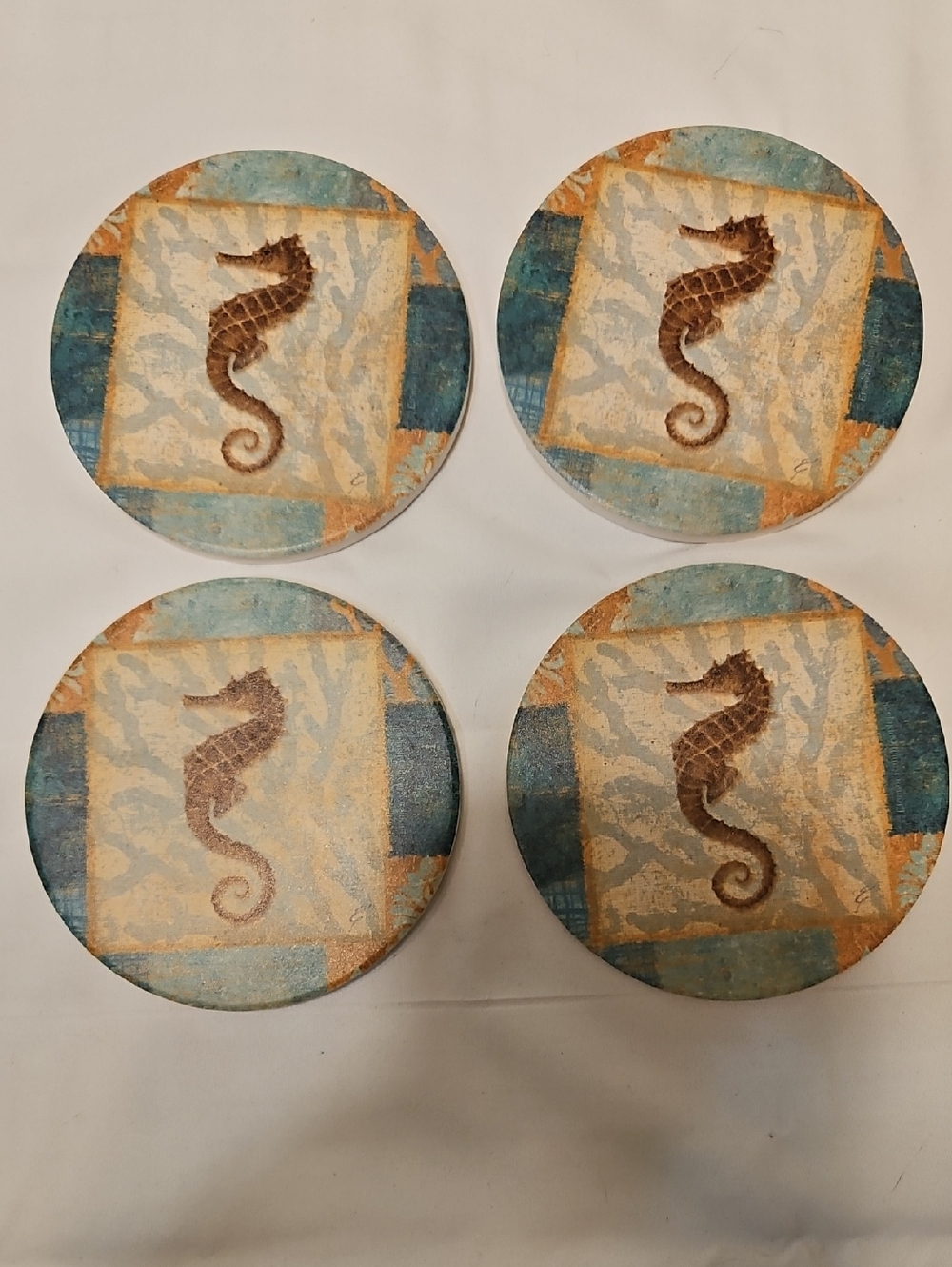 Brand New Seahorse Coastal Round Thirsty Coasters - Set of 4